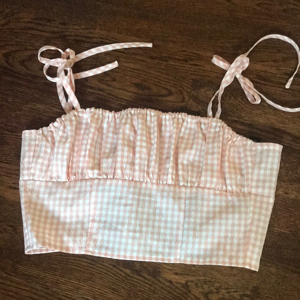 Forever 21 Baby Pink Gingham Back Tie Shoulder Tie Crop Top Bustier Tank Top